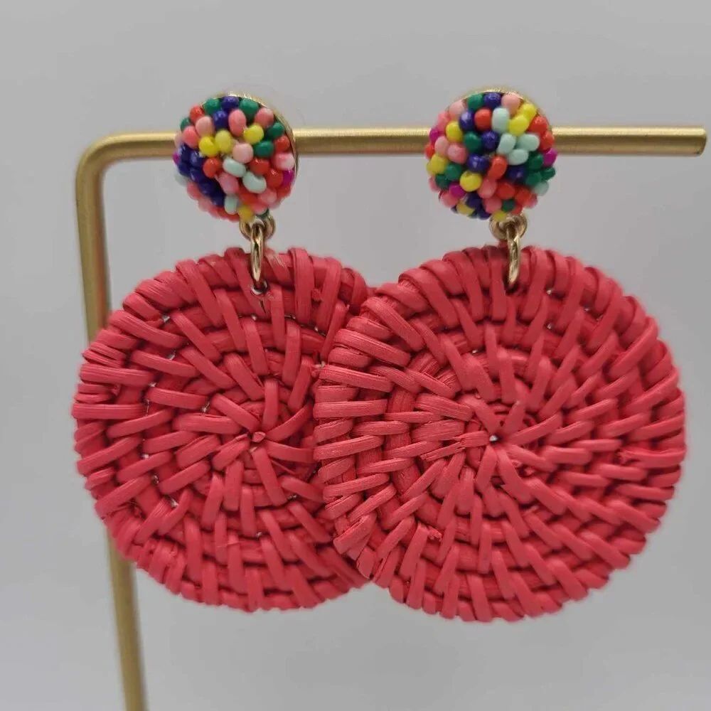J Crew Pinkish Red Rattan Circle Earrings NWOT!